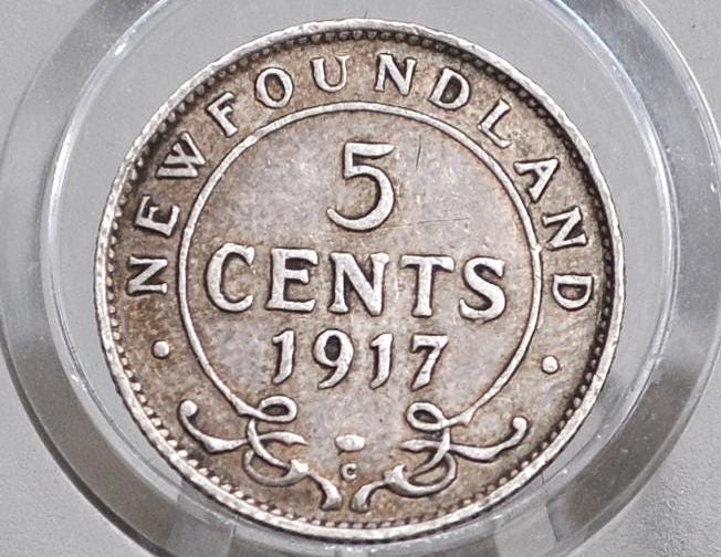 1917 Newfoundland 5 Cent, Sterling, Rare, Only 300,000 minted, VF Grade/Condition, Silver 5 Cents Newfoundland 1917 Five Cent Coin