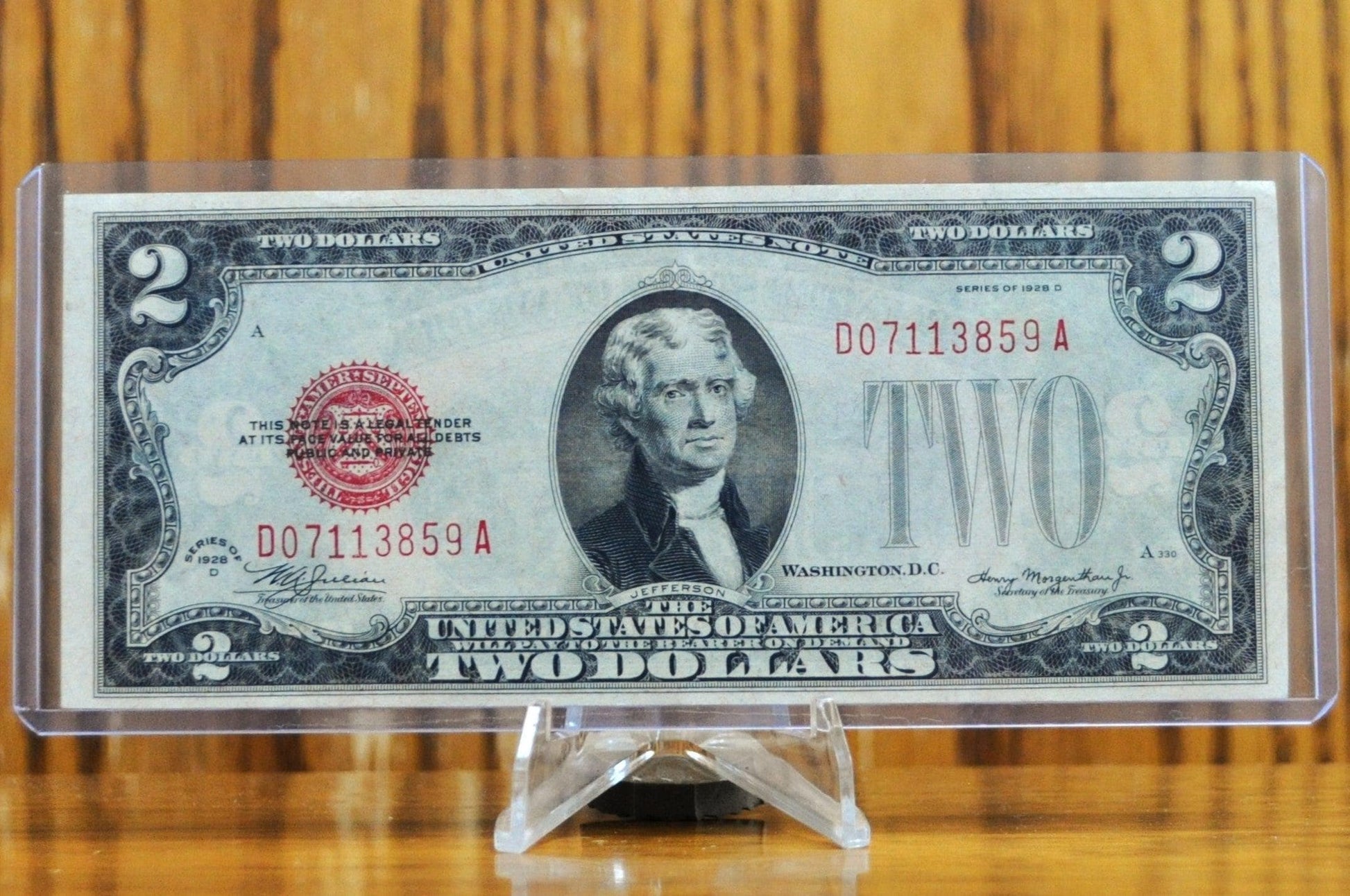 1928-D 2 Dollar United States Note - Red Seal Note - Non-Mule - Almost Uncirculated (AU) - 1928D Two Dollar Legal Tender US Note - Fr. 1505