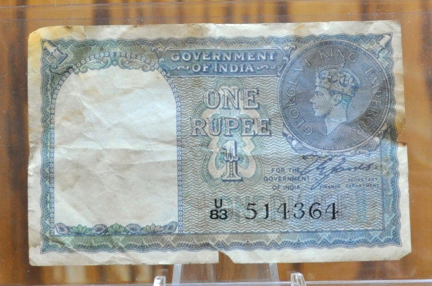 1940 India 1 Rupee Banknote - WWII Era Banknote - King George VI Coin Type - 1940 Indian Government One Rupee Banknote - P#25a
