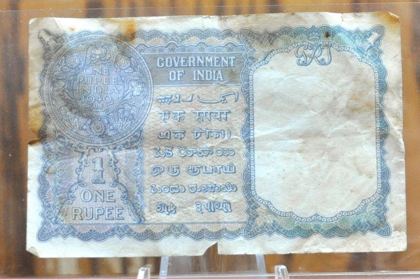 1940 India 1 Rupee Banknote - WWII Era Banknote - King George VI Coin Type - 1940 Indian Government One Rupee Banknote - P#25a