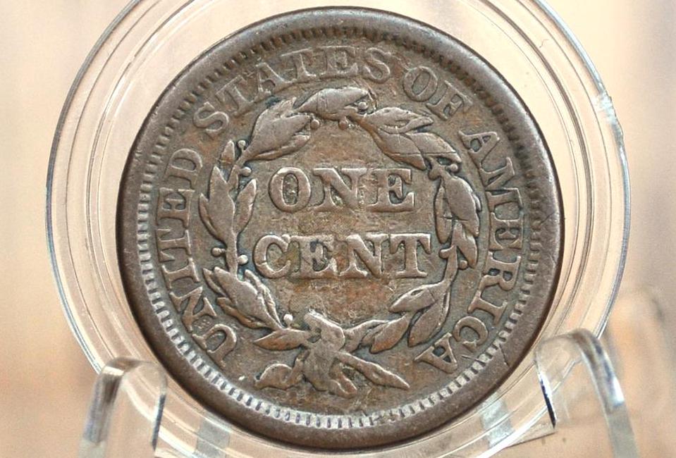 1855 Braided Hair Large Cent - Slanted 5's, Knob on Ear - 1855 Rarer Variety 1855 US Large Cent - Braided Hair Slanted 5 Knob - Rare Variety