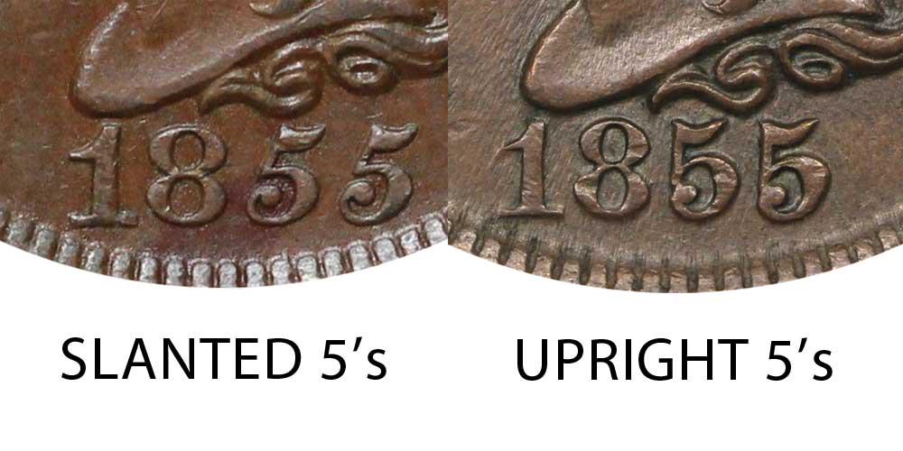 1855 Braided Hair Large Cent - Slanted 5's, Knob on Ear - 1855 Rarer Variety 1855 US Large Cent - Braided Hair Slanted 5 Knob - Rare Variety