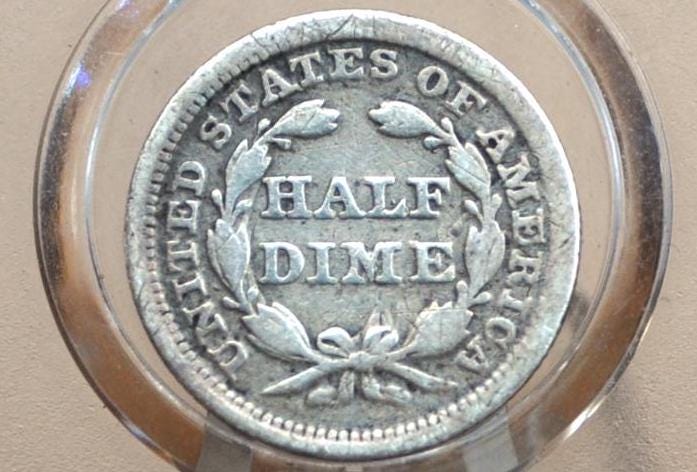 1854 Half Dime - G (Good); Great Type Coin - 1854 Seated Liberty Half Dime - Early American Coin - 1854 Silver Half Dime Liberty Seated
