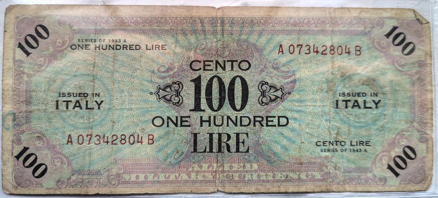 1943 100 Lire Allied Military Italian Banknote - Signed Note - Italy One Hundred Lire Allied Military Banknote 1943 - WWII Issue - P#M15b (C