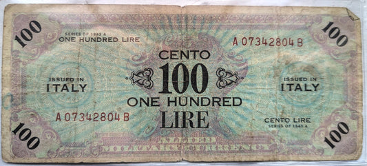 1943 100 Lire Allied Military Italian Banknote - Signed Note - Italy One Hundred Lire Allied Military Banknote 1943 - WWII Issue - P#M15b (C