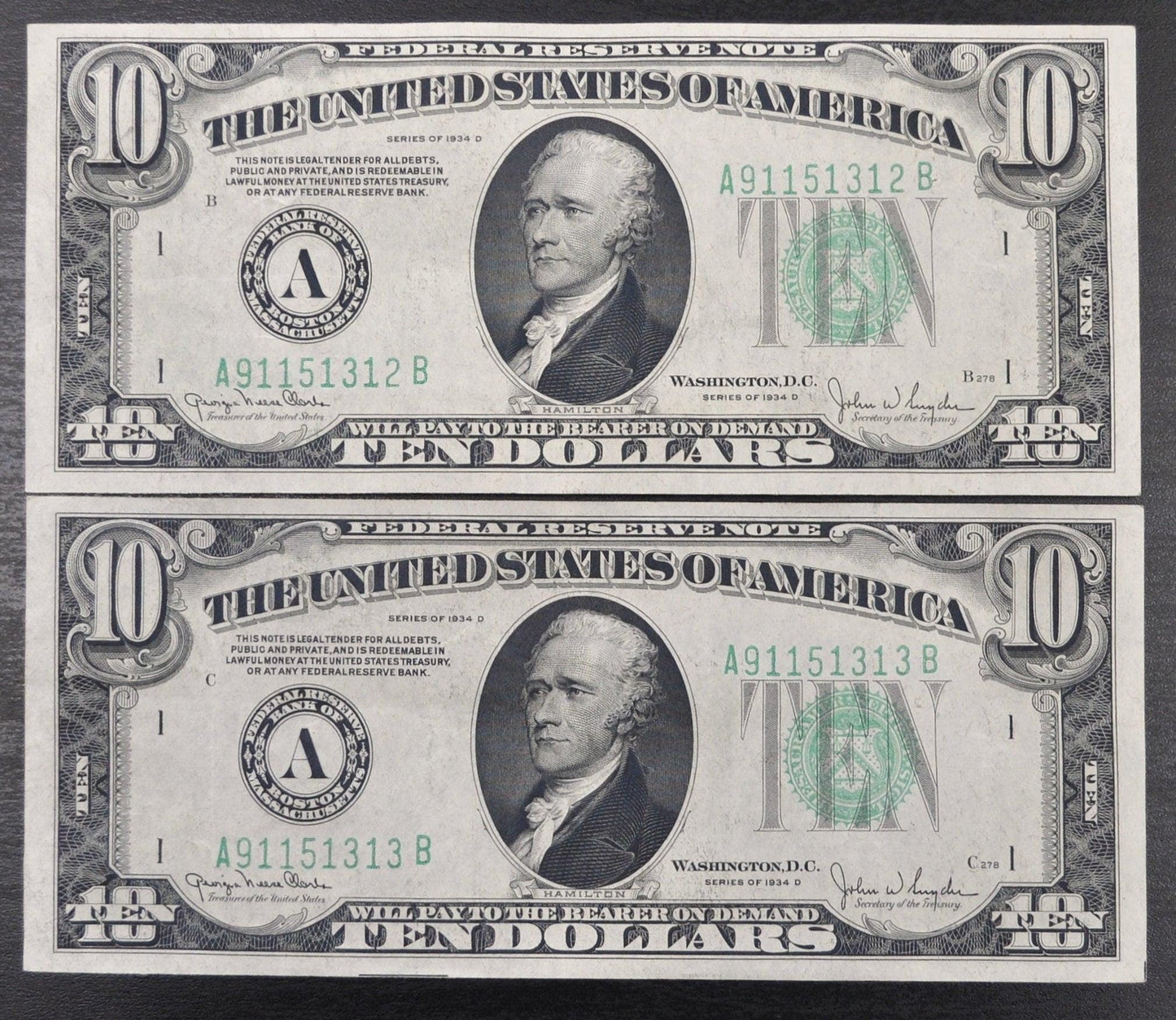 Pair of 1934-D 10 Dollar Federal Reserve Notes - Consecutive Serial Numbers - 1934 D Green Seal 10 Dollar Consecutive Set of 2 - Fr#2009-A