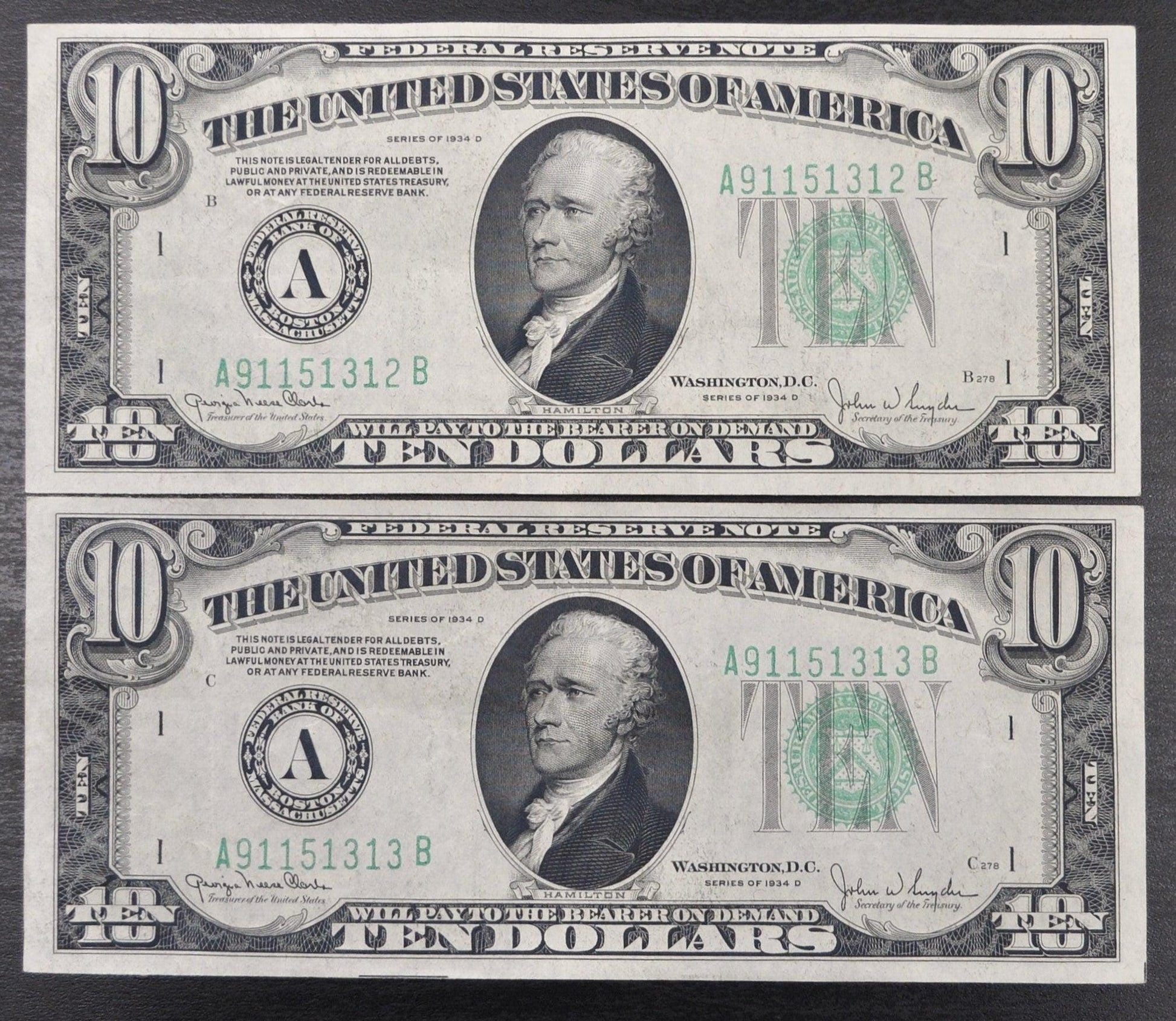 Pair of 1934-D 10 Dollar Federal Reserve Notes - Consecutive Serial Numbers - 1934 D Green Seal 10 Dollar Consecutive Set of 2 - Fr#2009-A