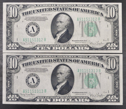 Pair of 1934-D 10 Dollar Federal Reserve Notes - Consecutive Serial Numbers - 1934 D Green Seal 10 Dollar Consecutive Set of 2 - Fr#2009-A