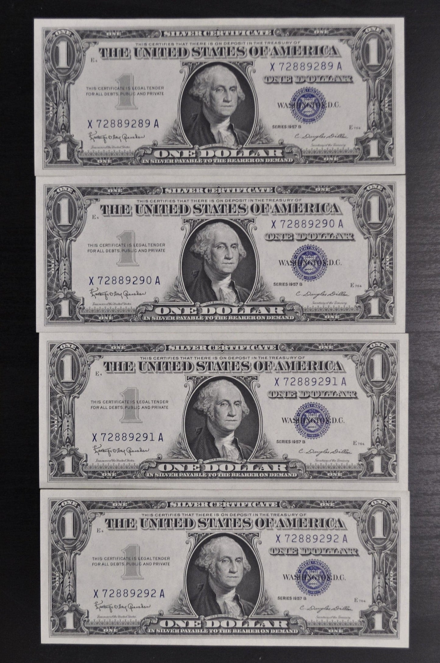 1957 B Silver Certificate 1 Dollar Notes Set - AU (About Uncirculated) - Set of 4 Consecutive Serial Notes - 1957B One Dollar Set - Fr#1621
