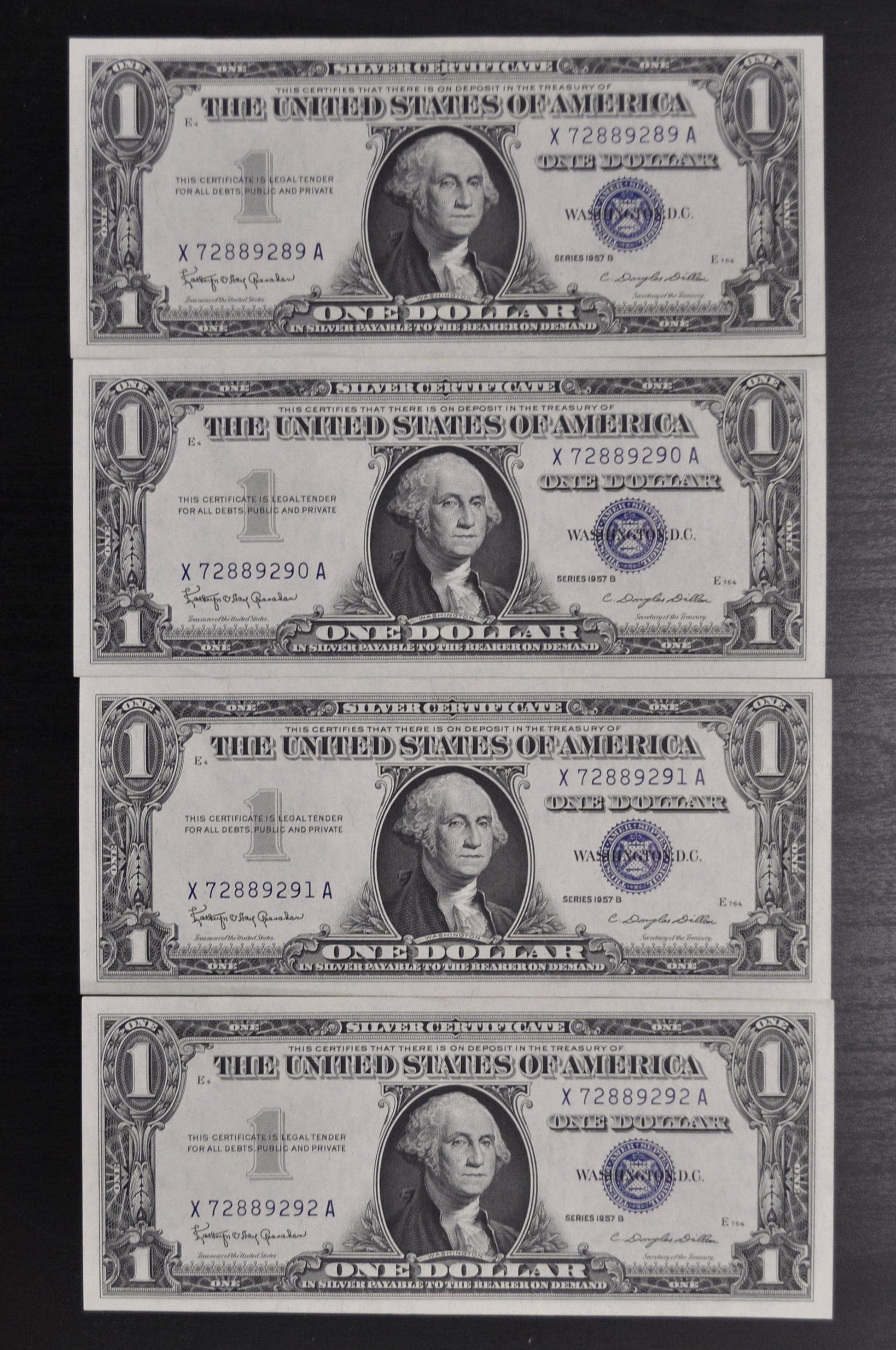 1957 B Silver Certificate 1 Dollar Notes Set - AU (About Uncirculated) - Set of 4 Consecutive Serial Notes - 1957B One Dollar Set - Fr#1621
