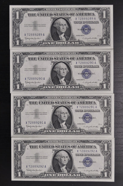 1957 B Silver Certificate 1 Dollar Notes Set - AU (About Uncirculated) - Set of 4 Consecutive Serial Notes - 1957B One Dollar Set - Fr#1621