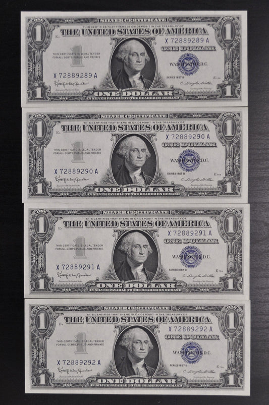 1957 B Silver Certificate 1 Dollar Notes Set - AU (About Uncirculated) - Set of 4 Consecutive Serial Notes - 1957B One Dollar Set - Fr#1621