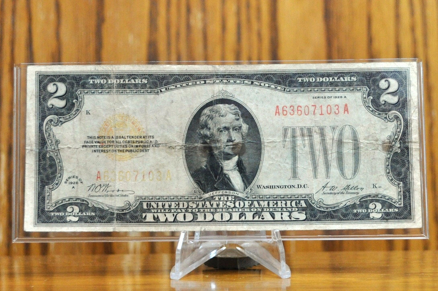 1928A Legal Tender 2 Dollar Note - F (Fine) Grade - A-A Block - 1928-A Two Dollar Red Seal Banknote - Fr#1502