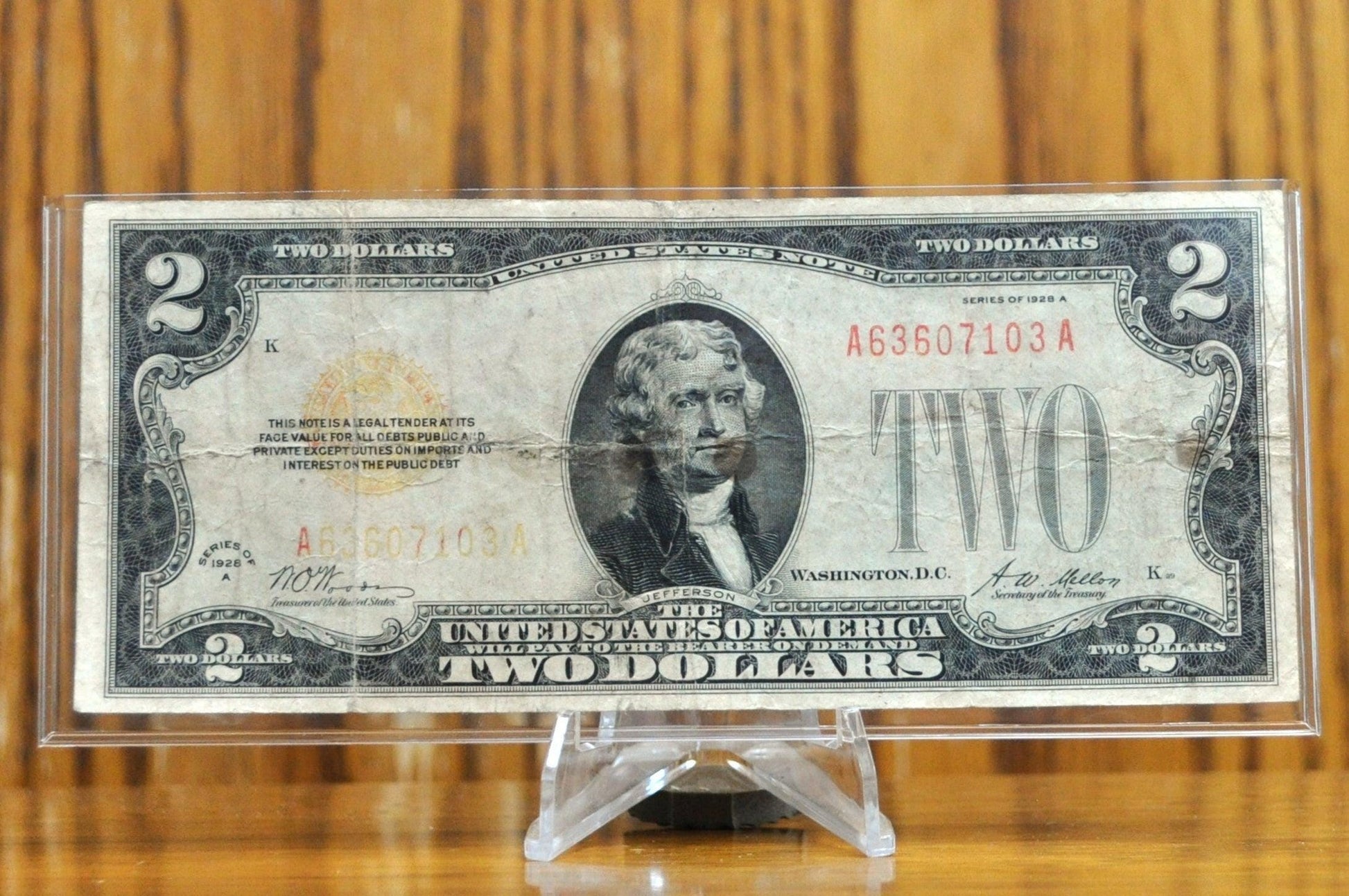 1928A Legal Tender 2 Dollar Note - F (Fine) Grade - A-A Block - 1928-A Two Dollar Red Seal Banknote - Fr#1502