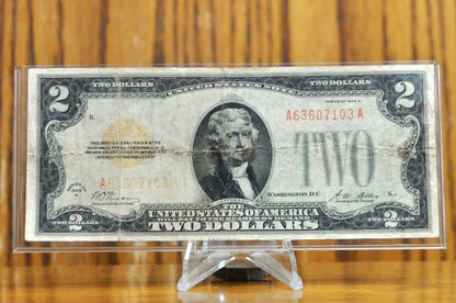 1928A Legal Tender 2 Dollar Note - F (Fine) Grade - A-A Block - 1928-A Two Dollar Red Seal Banknote - Fr#1502