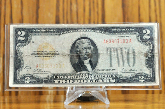 1928A Legal Tender 2 Dollar Note - F (Fine) Grade - A-A Block - 1928-A Two Dollar Red Seal Banknote - Fr#1502