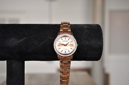 Savory Citizen Women's Silhouette Crystal Eco-Dive Rose Gold Tone Watch - Citizen Eco-Drive Watch - Citizen FE1123-51Q - Working!