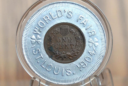 1904 St. Louis Worlds Fair Good Luck Token, Amazing Condition - Mascot Penny - I Bring Good Luck - Good Luck Charm 1904 Encased Penny