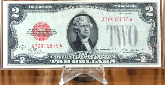 1928A Legal Tender 2 Dollar Note - Almost Uncirculated (AU) - Woods/Mellon Signed - 1928-A Two Dollar Red Seal Note - Fr#1502