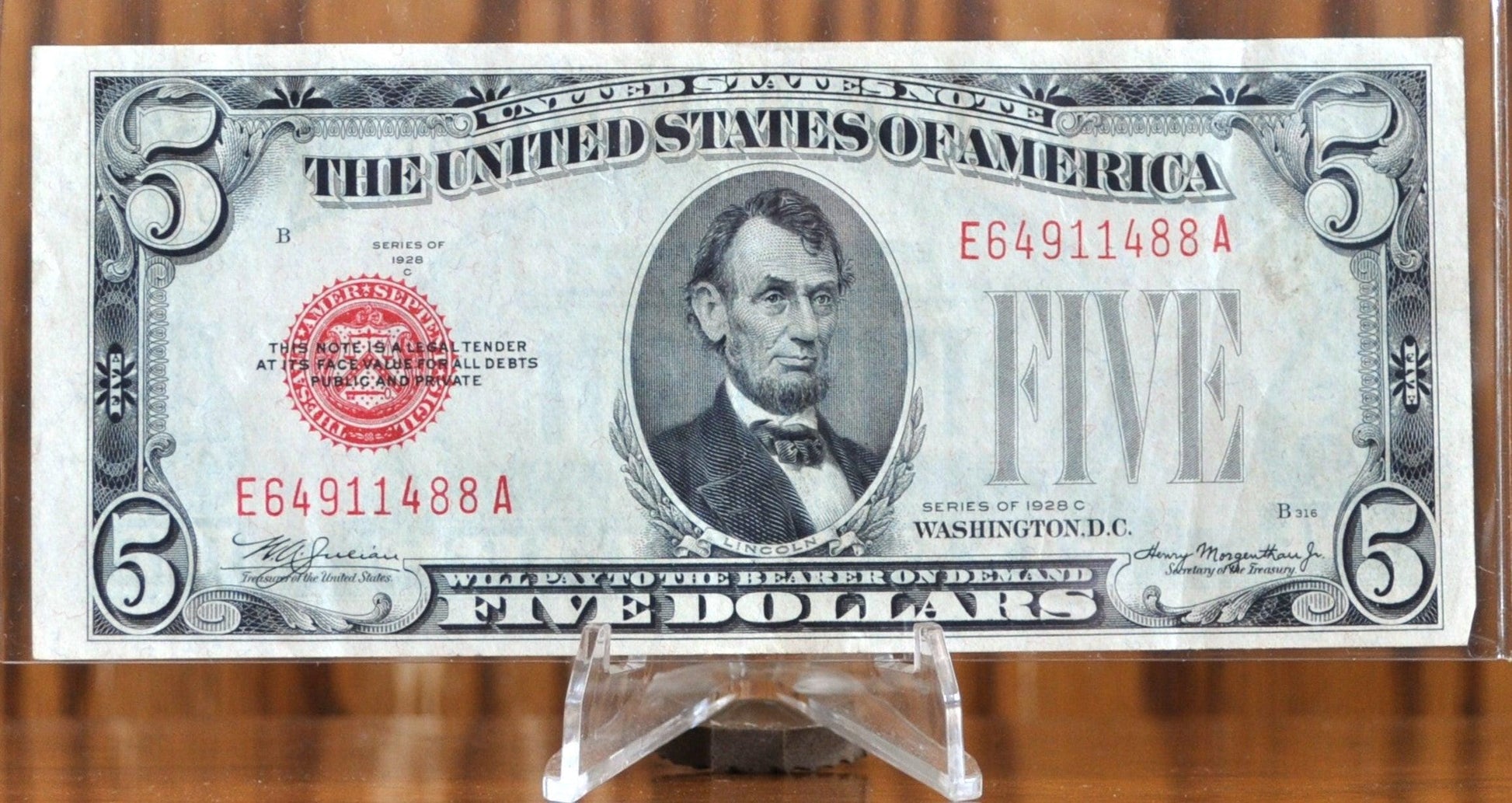 1928-C Us 5 Dollar Legal Tender Note - Red Seal - Mule Note - Extremely Fine (Xf) Grade - 1928C Five Dollar Legal Tender Us Note - Fr.1528M