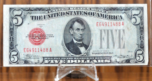 1928-C Us 5 Dollar Legal Tender Note - Red Seal - Mule Note - Extremely Fine (Xf) Grade - 1928C Five Dollar Legal Tender Us Note - Fr.1528M