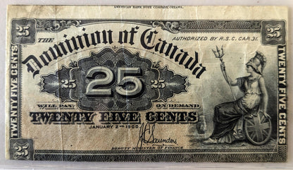 1900 Dominion of Canada 25 Cent Fractional Note - Rarer Saunders Signature - 1900 Canadian Fractional Currency Twenty-Five Cents - P#9c