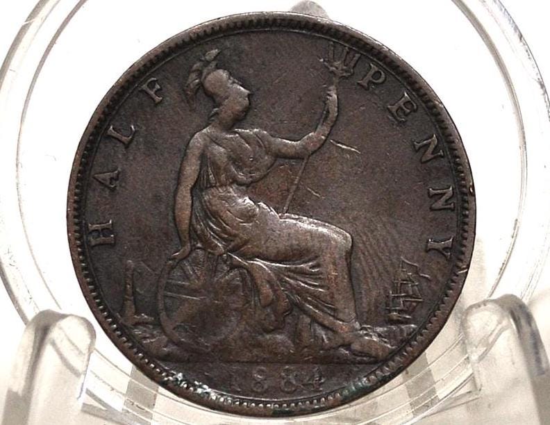 1884 Great Britain Half Penny - VF Condition - UK Large Penny 1884 - Queen Victoria 1 Penny - Copper - UK penny Young Head 1884