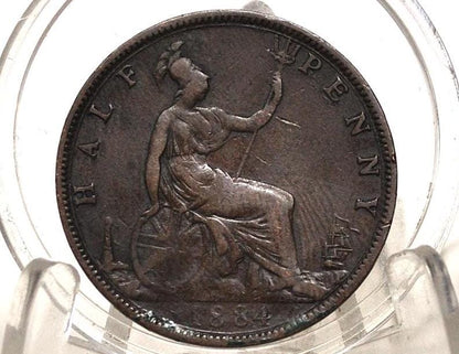 1884 Great Britain Half Penny - VF Condition - UK Large Penny 1884 - Queen Victoria 1 Penny - Copper - UK penny Young Head 1884