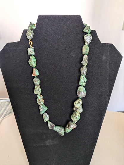 Authentic 14K Gold Clasp Green Variscite Utahlite Nugget Beaded Necklace - 19 Inches - 71 Grams - 14K Gold Necklace - Green Variscite