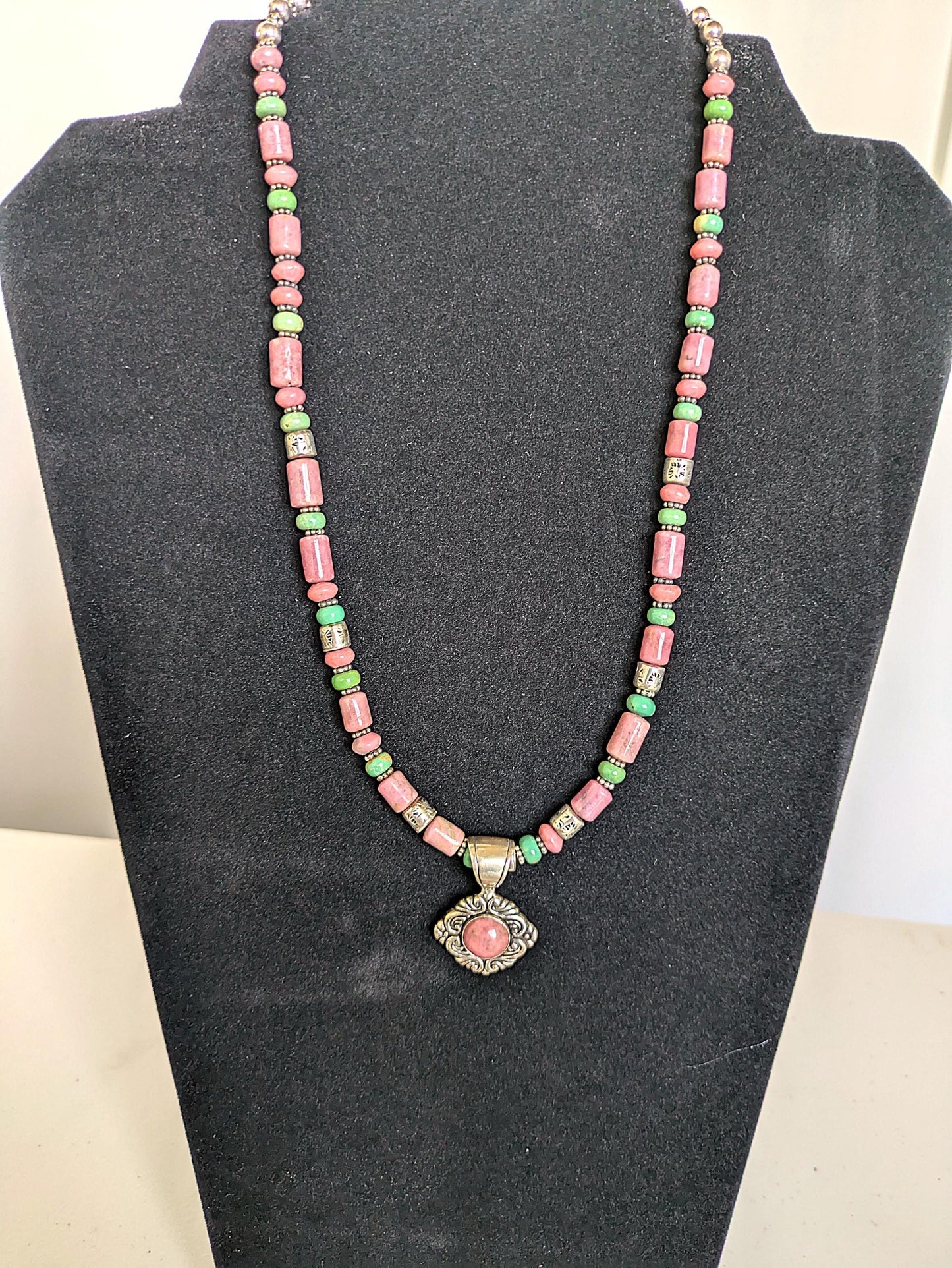 Vintage Carolyn Pollack Sterling Silver Southwestern Rhodonite and Turquoise Beaded Necklace - 17-19 Inches Adjustable