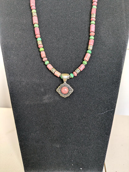 Vintage Carolyn Pollack Sterling Silver Southwestern Rhodonite and Turquoise Beaded Necklace - 17-19 Inches Adjustable