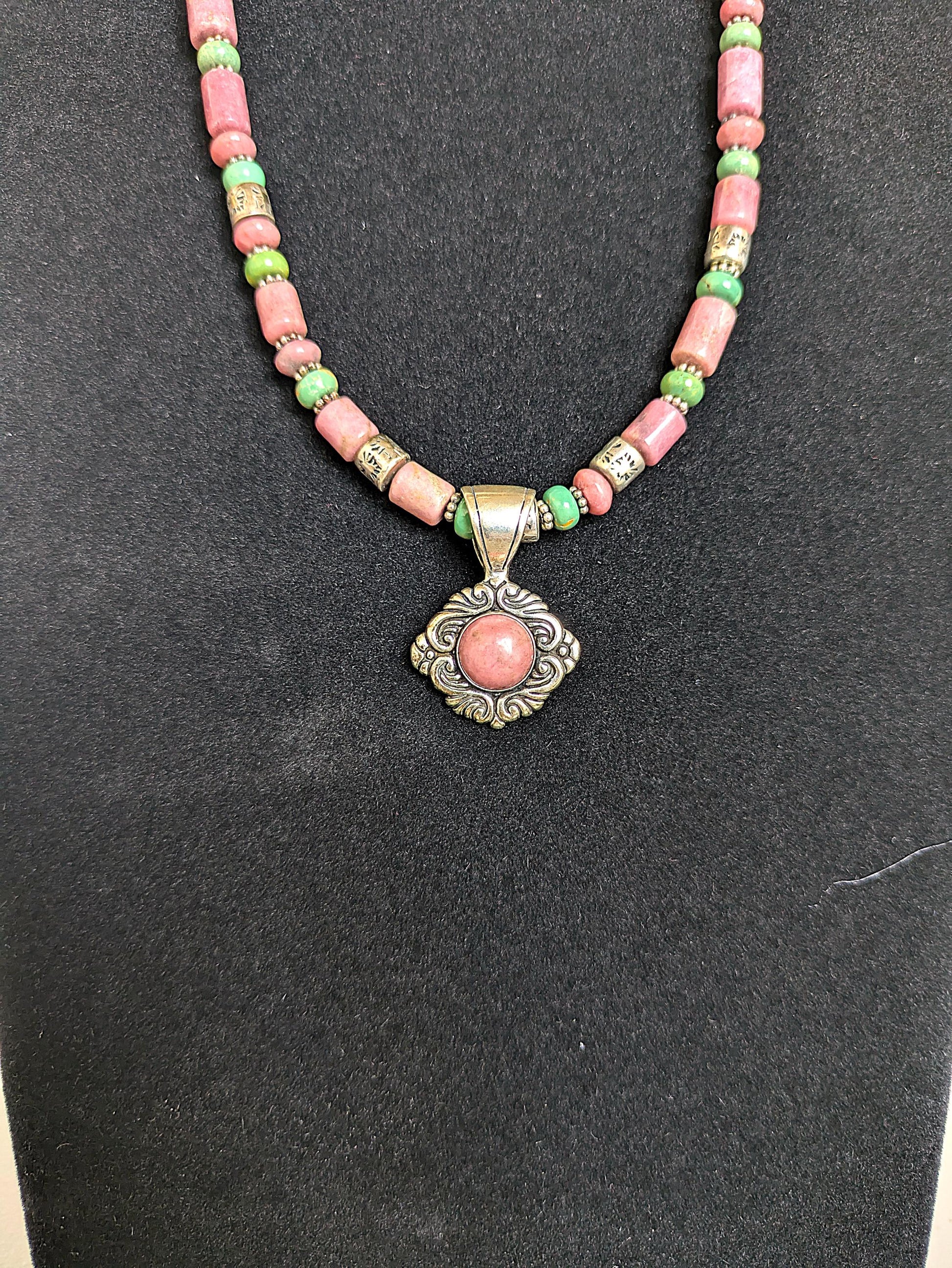 Vintage Carolyn Pollack Sterling Silver Southwestern Rhodonite and Turquoise Beaded Necklace - 17-19 Inches Adjustable