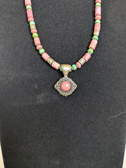 Vintage Carolyn Pollack Sterling Silver Southwestern Rhodonite and Turquoise Beaded Necklace - 17-19 Inches Adjustable