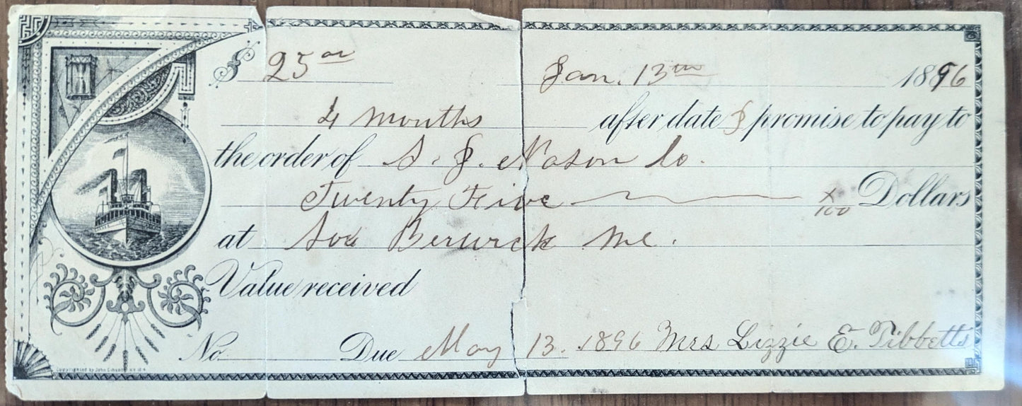 1896 Promissory Note Bank Check - Ship Vignette Design - S. J. Nason Co. Berwick Maine Check - 1896 Berwick Maine Company Issued Check