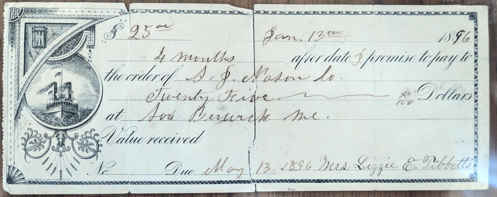 1896 Promissory Note Bank Check - Ship Vignette Design - S. J. Nason Co. Berwick Maine Check - 1896 Berwick Maine Company Issued Check