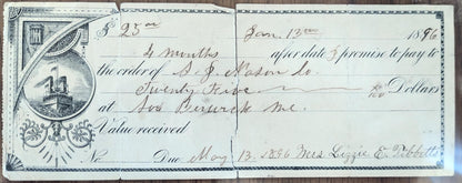 1896 Promissory Note Bank Check - Ship Vignette Design - S. J. Nason Co. Berwick Maine Check - 1896 Berwick Maine Company Issued Check