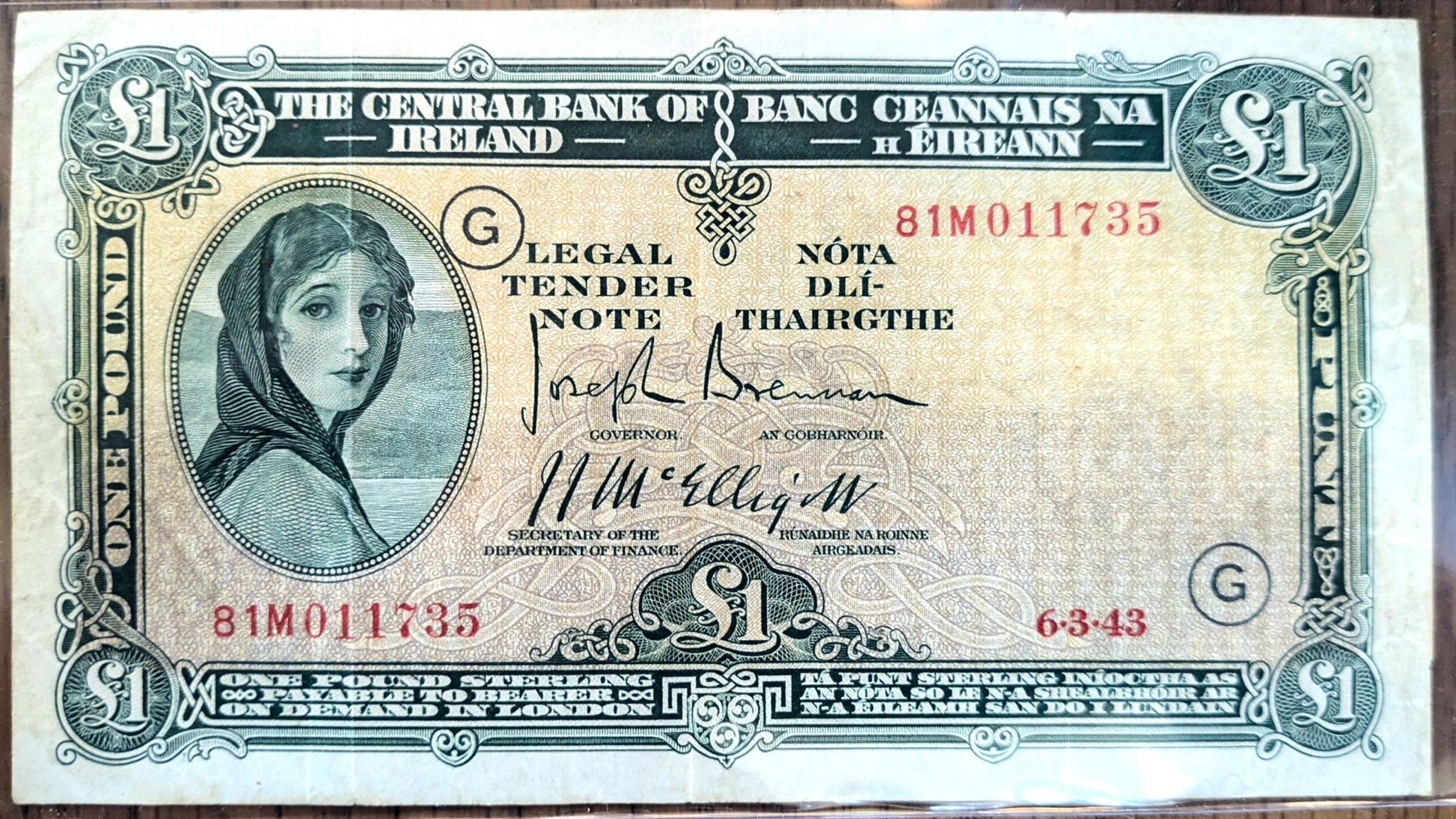 RARE 1943 Central Bank of Ireland 1 Pound Note - WWII War Code "G" - Lady Lavery Type - 1943 Irish War Code G One Pound Punt Note - P#2