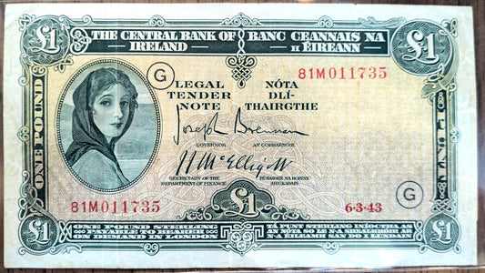 RARE 1943 Central Bank of Ireland 1 Pound Note - WWII War Code "G" - Lady Lavery Type - 1943 Irish War Code G One Pound Punt Note - P#2
