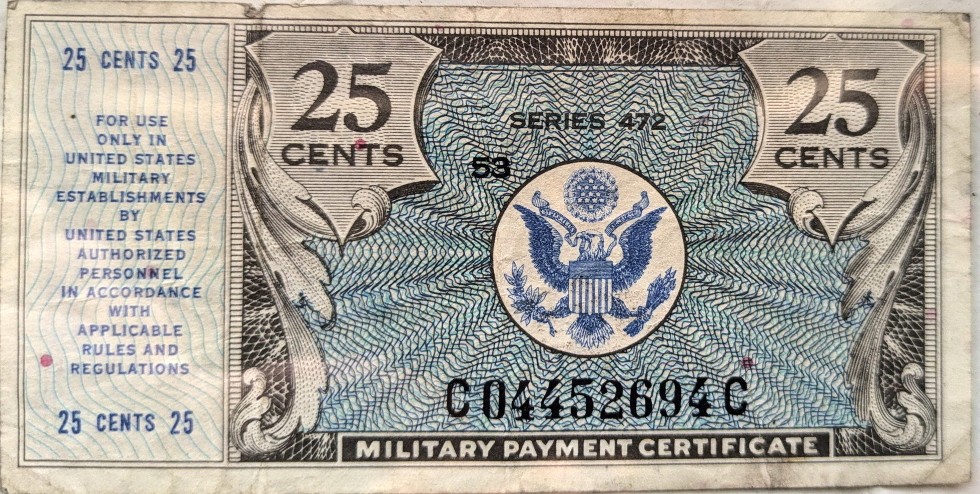 1948 25 Cent US Military Payment Certificate Note - Series 472 - 1948-51 Series 472 MPC Twenty-Five Cents Banknote - P#M17a