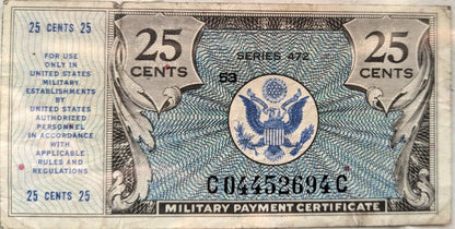 1948 25 Cent US Military Payment Certificate Note - Series 472 - 1948-51 Series 472 MPC Twenty-Five Cents Banknote - P#M17a