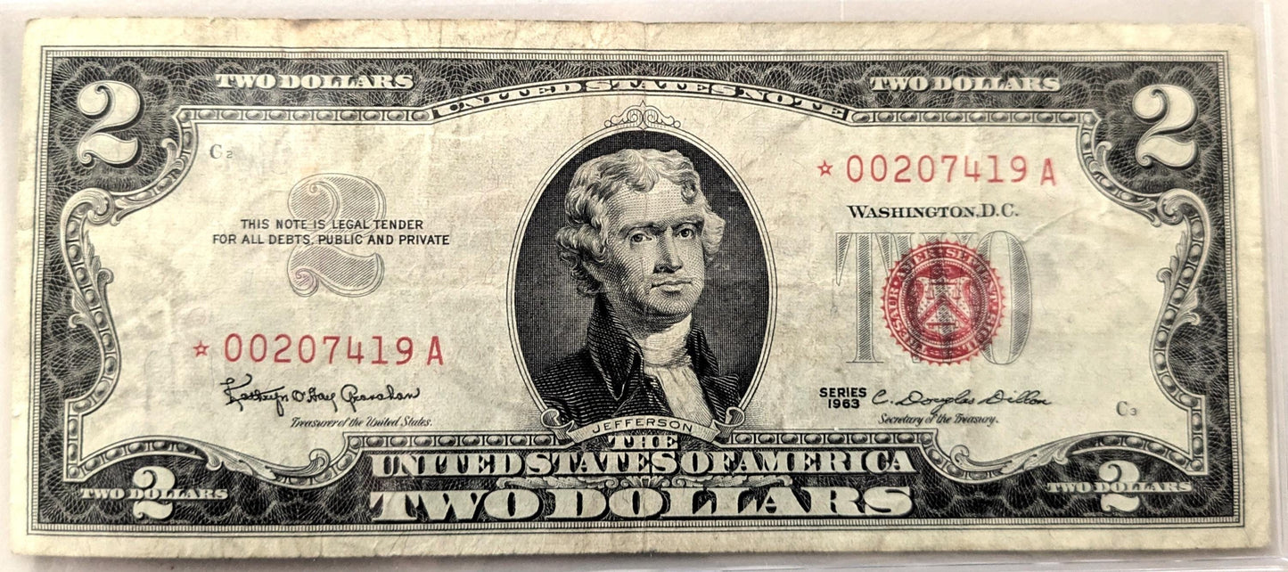 1963 STAR NOTE Red Seal 2 Dollar Note - VF (Very Fine) Grade - LOW Serial Number, 6 Digits - 1963 Two Dollar U.S. Star Note - Fr#1513*