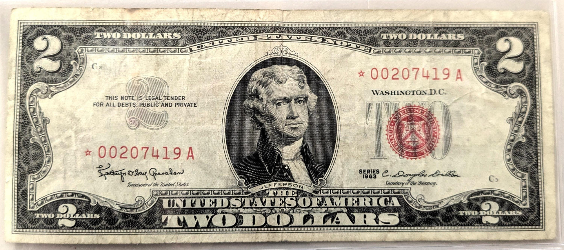 1963 STAR NOTE Red Seal 2 Dollar Note - VF (Very Fine) Grade - LOW Serial Number, 6 Digits - 1963 Two Dollar U.S. Star Note - Fr#1513*