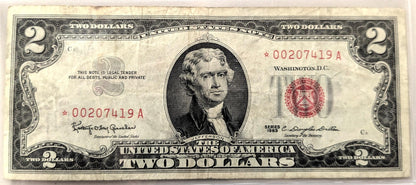 1963 STAR NOTE Red Seal 2 Dollar Note - VF (Very Fine) Grade - LOW Serial Number, 6 Digits - 1963 Two Dollar U.S. Star Note - Fr#1513*