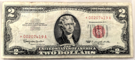 1963 STAR NOTE Red Seal 2 Dollar Note - VF (Very Fine) Grade - LOW Serial Number, 6 Digits - 1963 Two Dollar U.S. Star Note - Fr#1513*