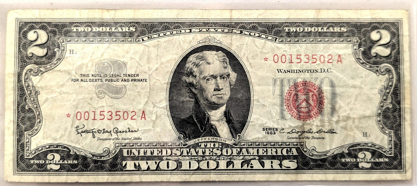 1963 STAR NOTE Red Seal 2 Dollar Note - VF (Very Fine) Grade - LOW Serial Number, 6 Digits - 1963 Two Dollar U.S. Star Note - Fr#1513*
