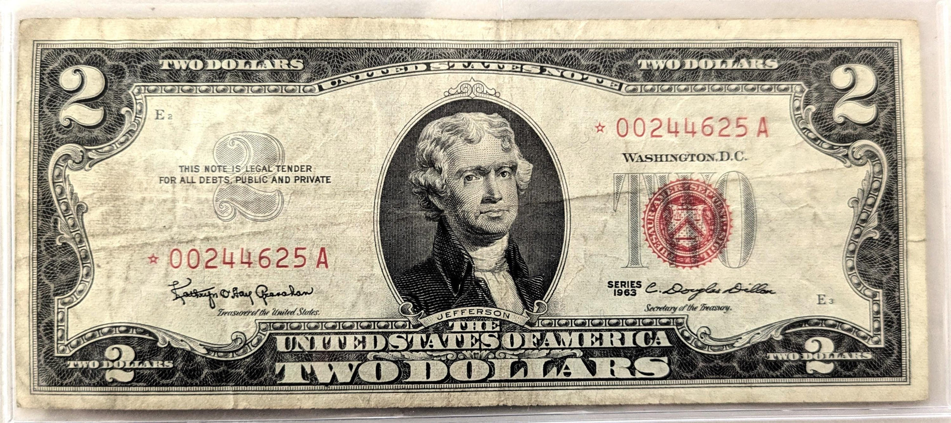 1963 STAR NOTE Red Seal 2 Dollar Note - VF (Very Fine) Grade - LOW Serial Number, 6 Digits - 1963 Two Dollar U.S. Star Note - Fr#1513*