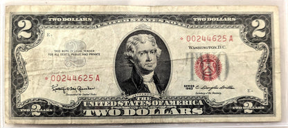 1963 STAR NOTE Red Seal 2 Dollar Note - VF (Very Fine) Grade - LOW Serial Number, 6 Digits - 1963 Two Dollar U.S. Star Note - Fr#1513*