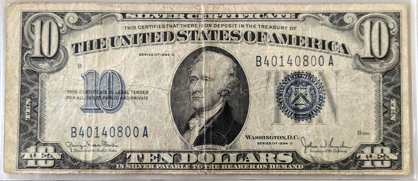 1934D 10 Dollar Silver Certificate Note - B-A Block - Very Fine (Vf) Grade - Blue Seal 1934-D Ten Dollar Silver Cert Note - Fr#1705