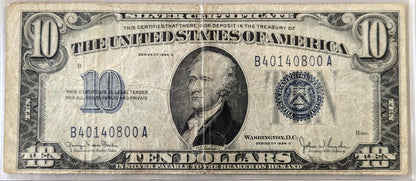 1934D 10 Dollar Silver Certificate Note - B-A Block - Very Fine (Vf) Grade - Blue Seal 1934-D Ten Dollar Silver Cert Note - Fr#1705