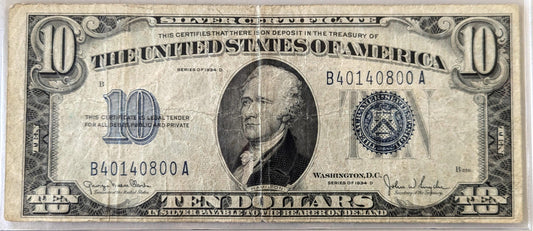 1934D 10 Dollar Silver Certificate Note - B-A Block - Very Fine (Vf) Grade - Blue Seal 1934-D Ten Dollar Silver Cert Note - Fr#1705